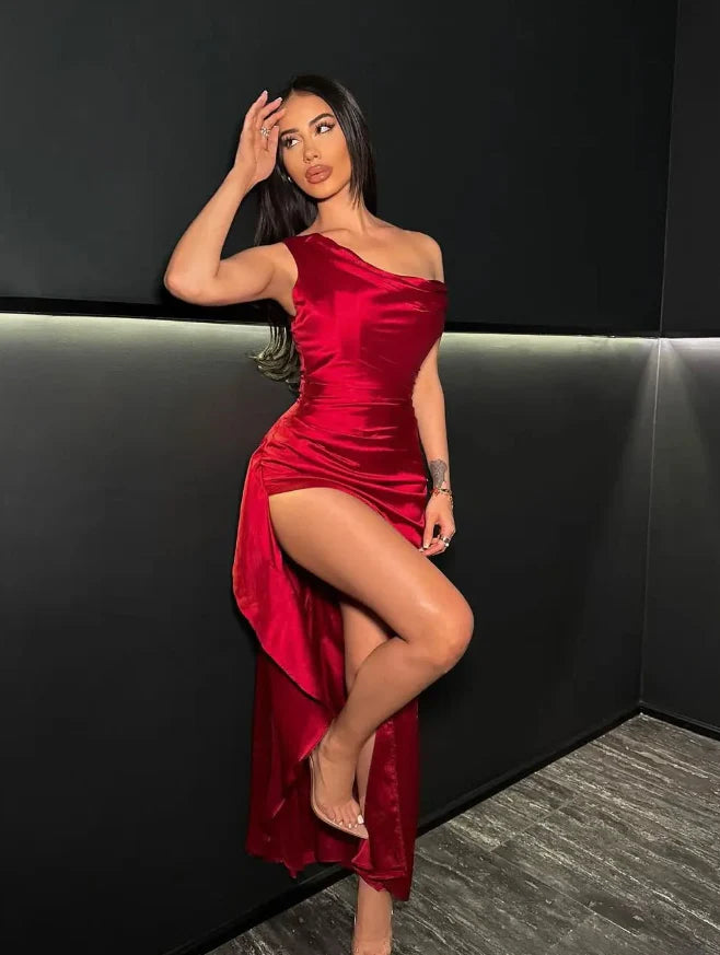 Weitese Dress Charming Sheath Off the Shoulder Red Satin Prom Dress Evening Dress with Slit Party Dress