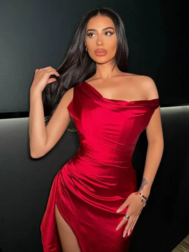 Weitese Dress Charming Sheath Off the Shoulder Red Satin Prom Dress Evening Dress with Slit Party Dress