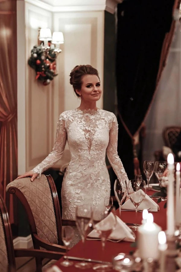 Weitese Dress Charming White High Neck Backless Mermaid Maxi Dress Sleeve Wedding Dress With Appliques Lace