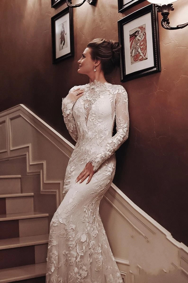 Weitese Dress Charming White High Neck Backless Mermaid Maxi Dress Sleeve Wedding Dress With Appliques Lace