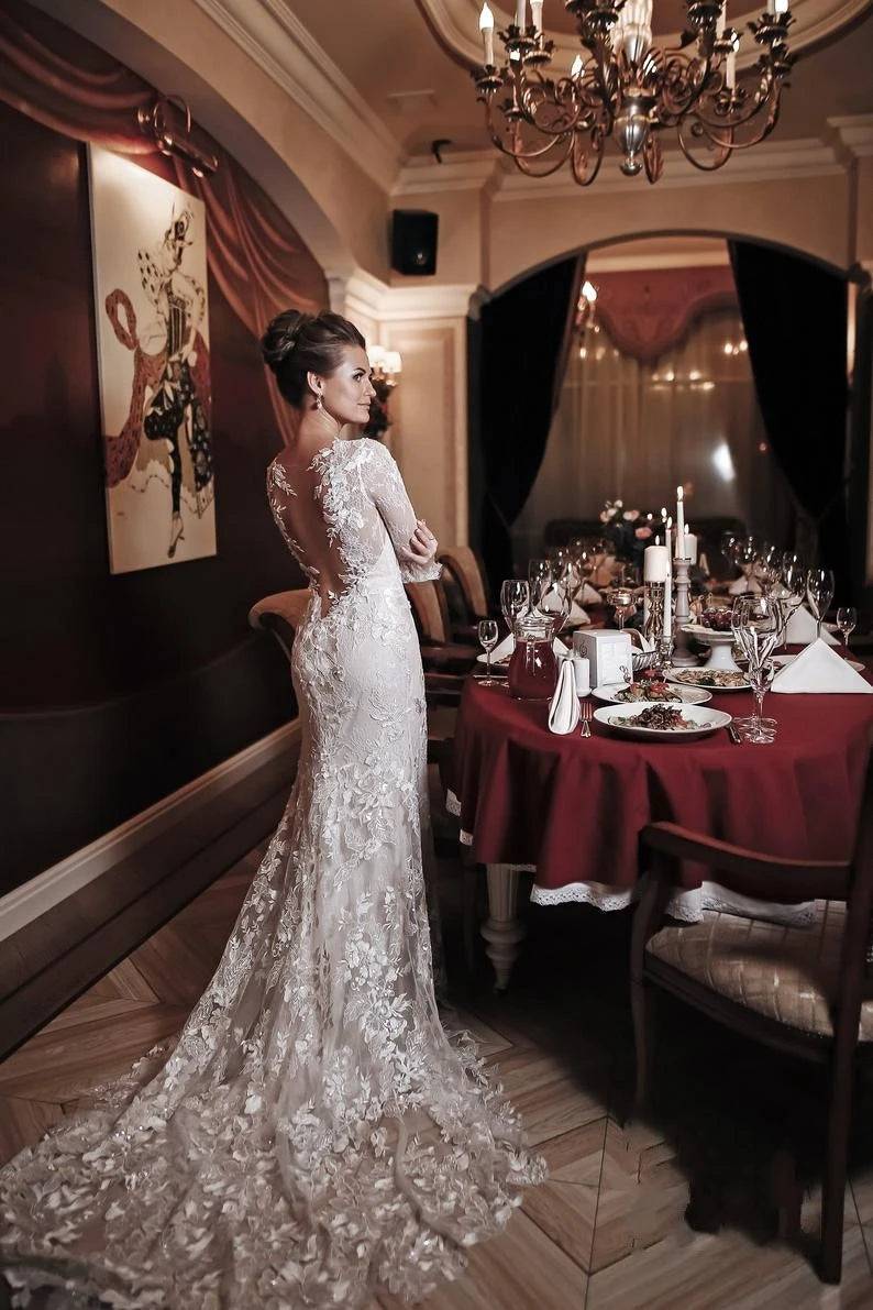 Weitese Dress Charming White High Neck Backless Mermaid Maxi Dress Sleeve Wedding Dress With Appliques Lace