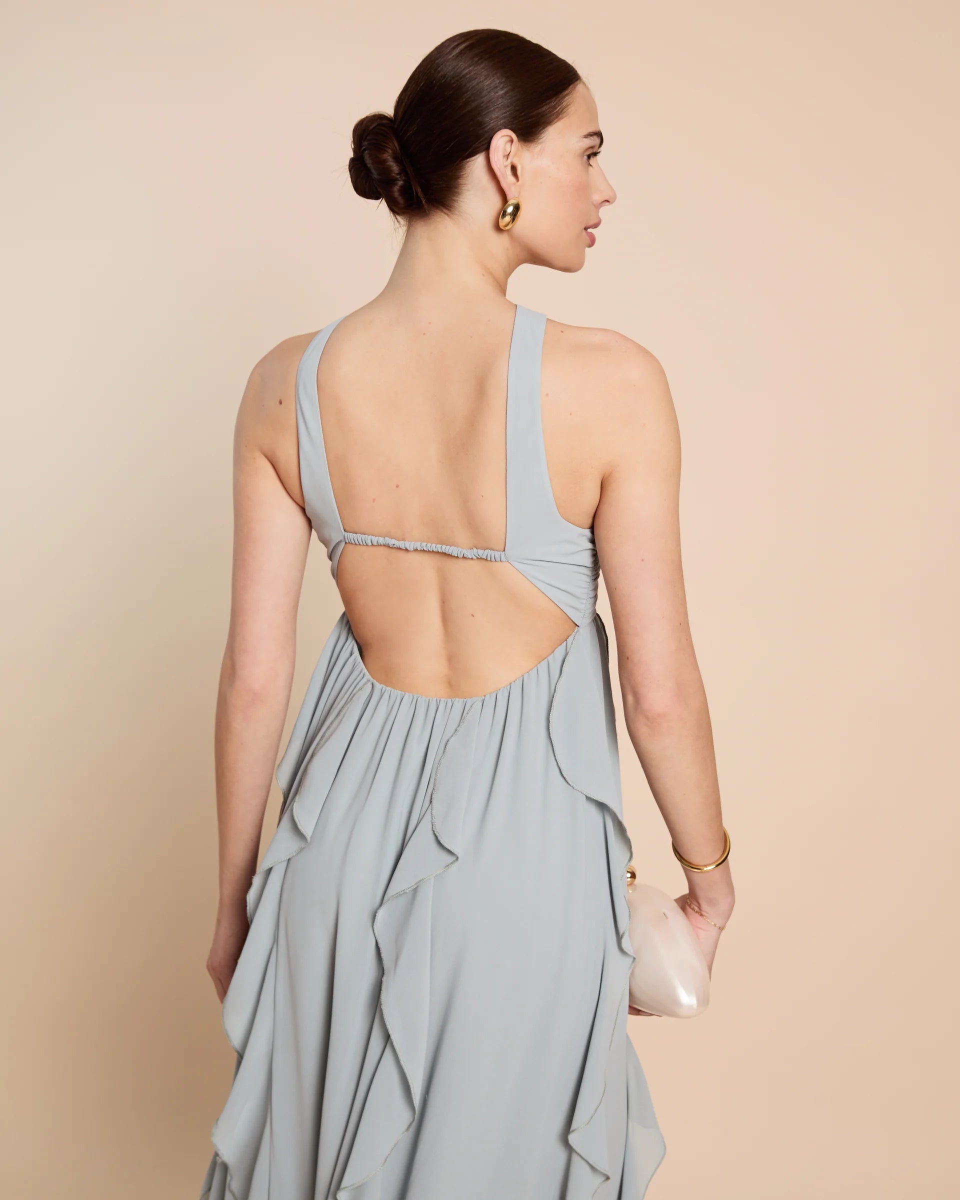 Weitese Dress Chic A-Line Floor-Length Sleeveless Party Dresses Halter Neck Solid Color Open Back Ruffles Evening Dress
