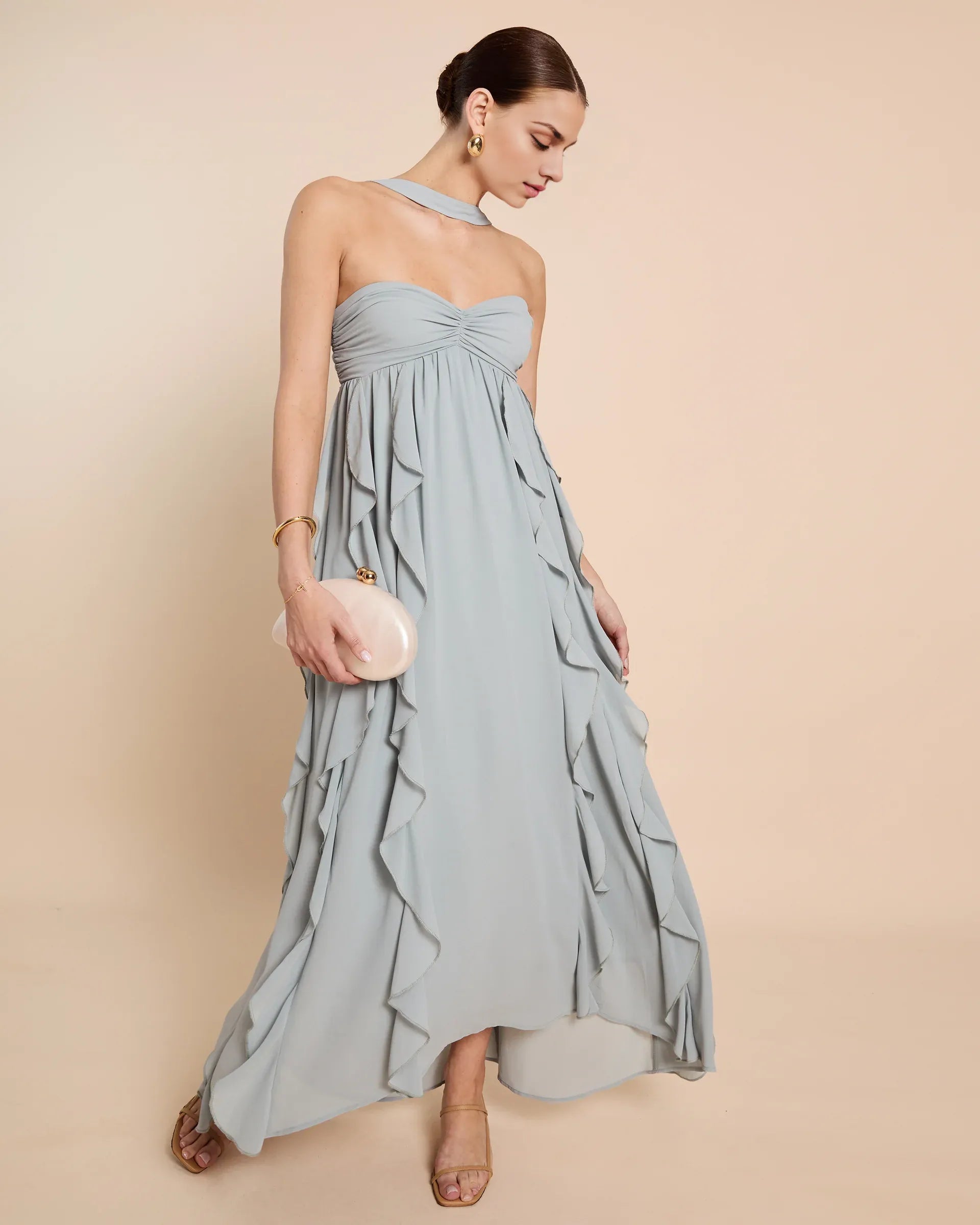 Weitese Dress Chic A-Line Floor-Length Sleeveless Party Dresses Halter Neck Solid Color Open Back Ruffles Evening Dress