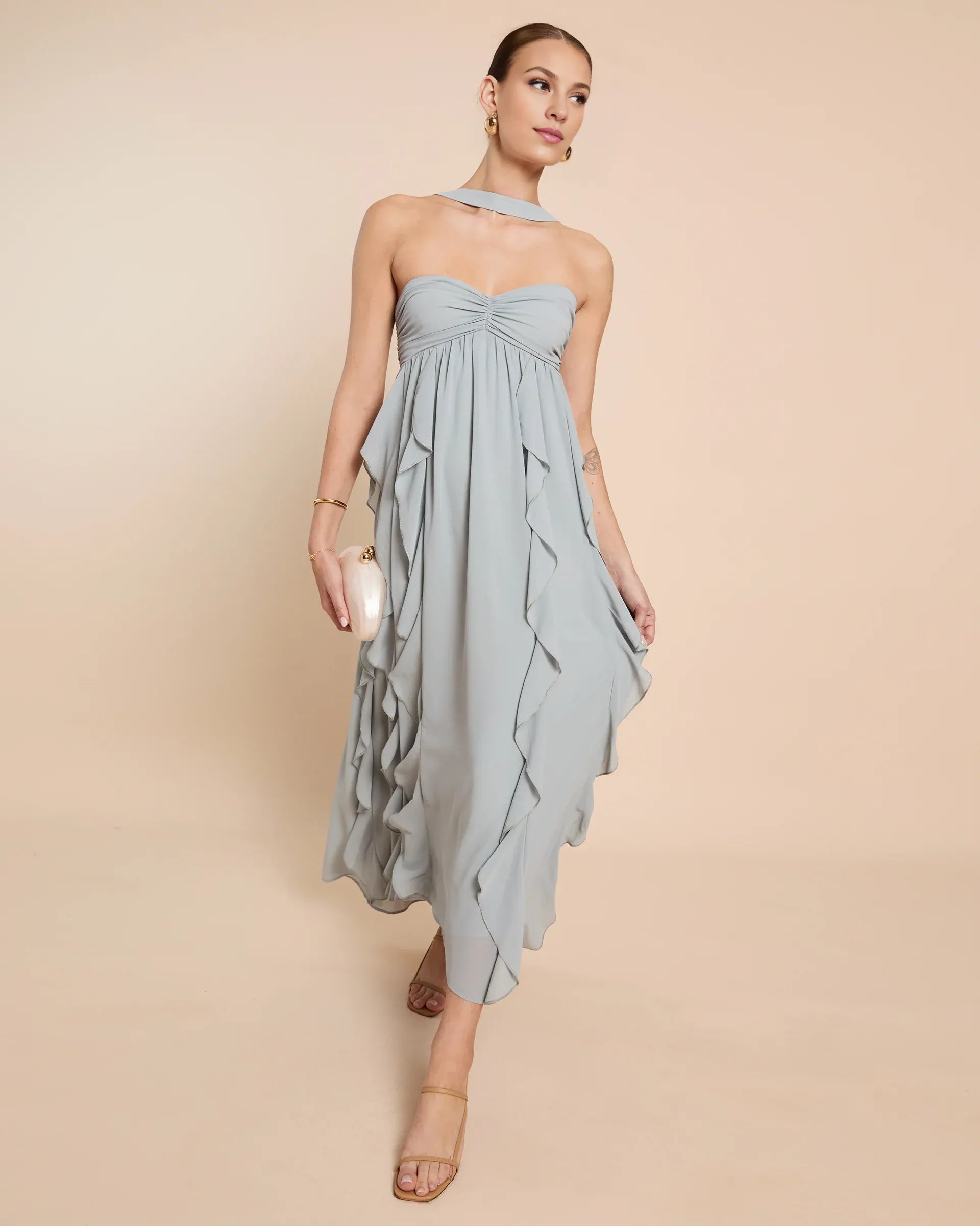 Weitese Dress Chic A-Line Floor-Length Sleeveless Party Dresses Halter Neck Solid Color Open Back Ruffles Evening Dress