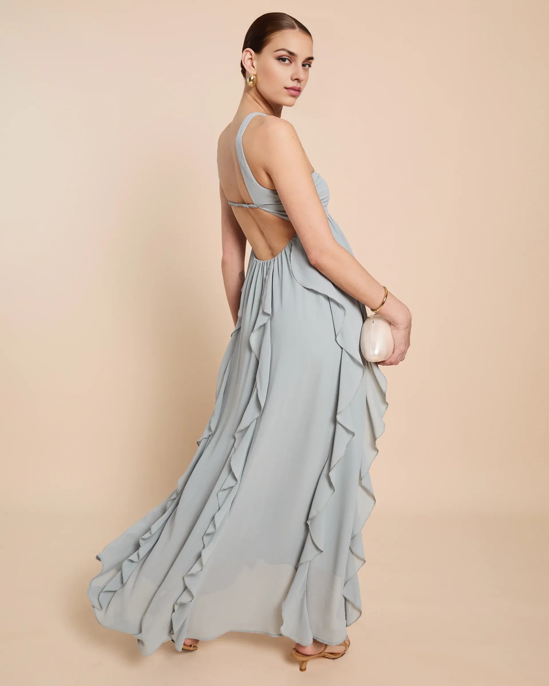 Weitese Dress Chic A-Line Floor-Length Sleeveless Party Dresses Halter Neck Solid Color Open Back Ruffles Evening Dress