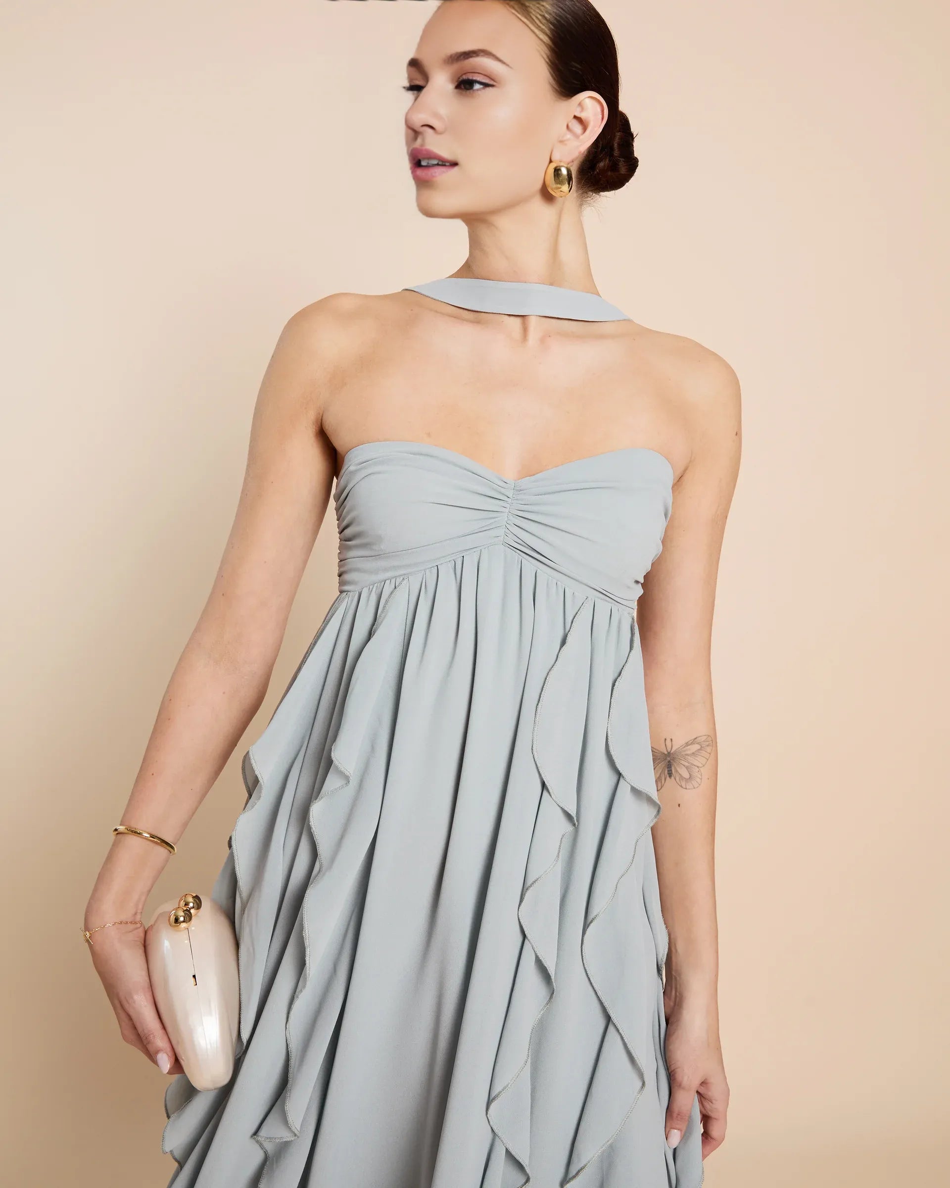Weitese Dress Chic A-Line Floor-Length Sleeveless Party Dresses Halter Neck Solid Color Open Back Ruffles Evening Dress