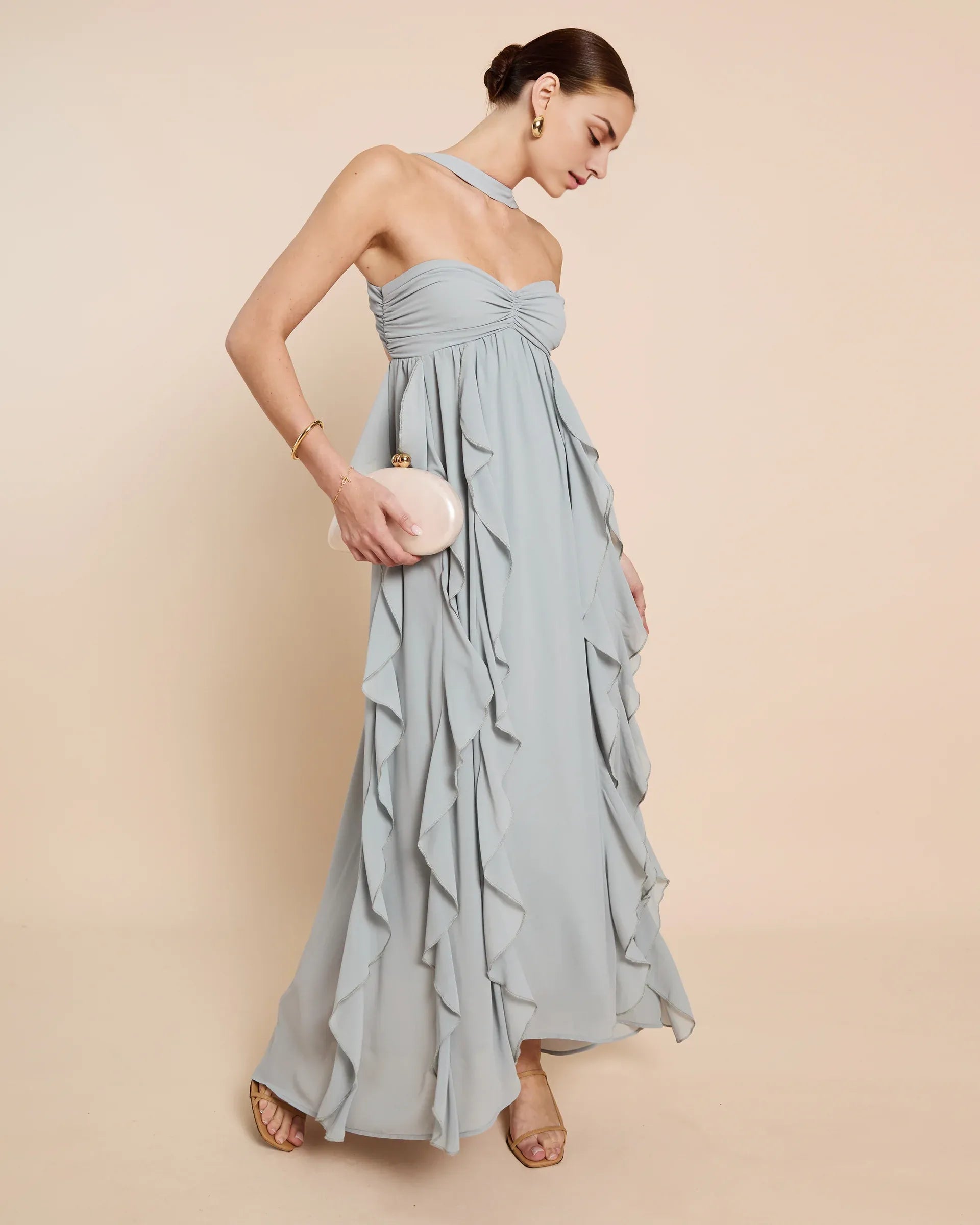 Weitese Dress Chic A-Line Floor-Length Sleeveless Party Dresses Halter Neck Solid Color Open Back Ruffles Evening Dress