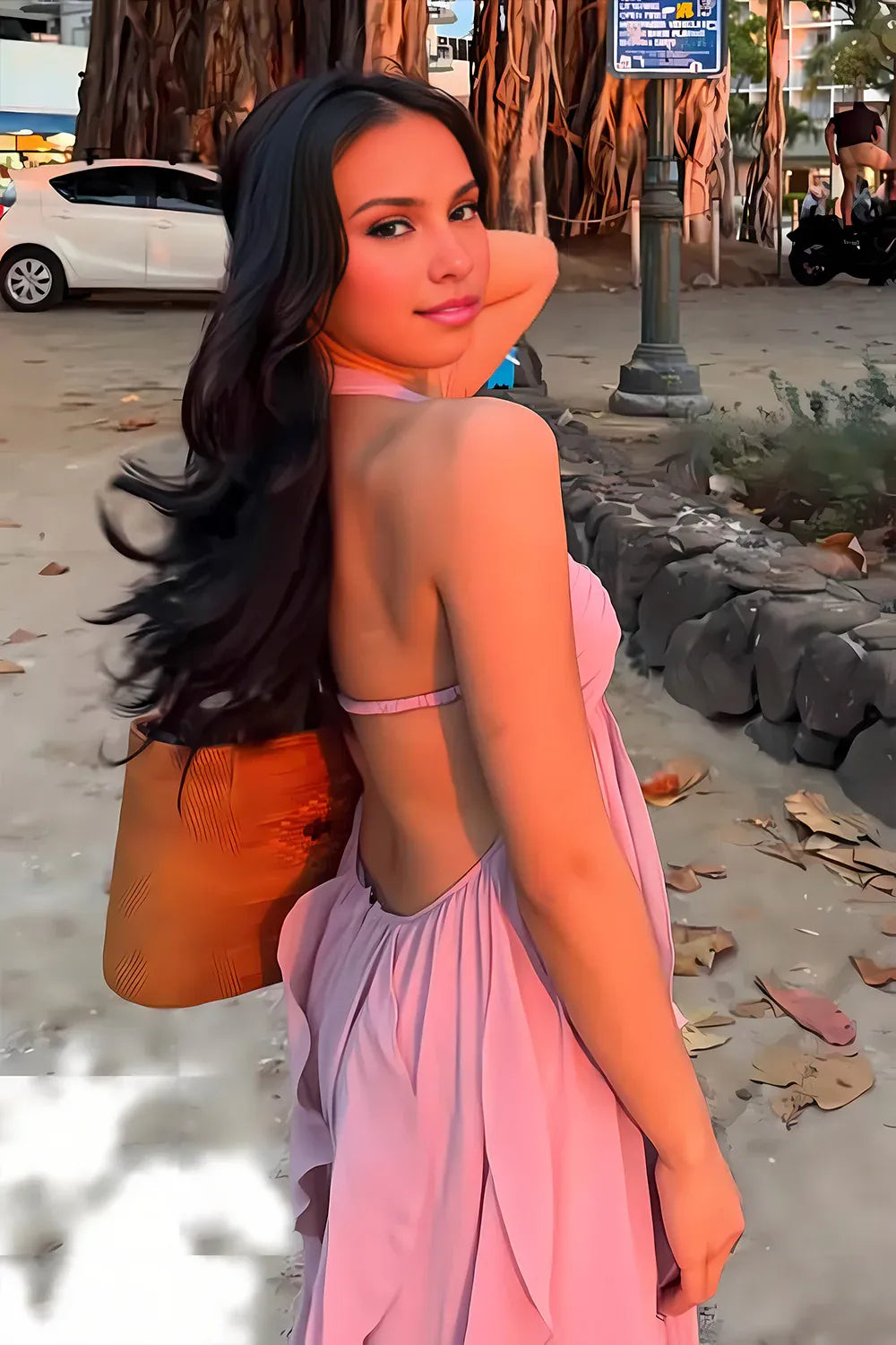 Vestido elegante de fiesta largo rosa con cuello halter, corte A y volantes de Weitese 