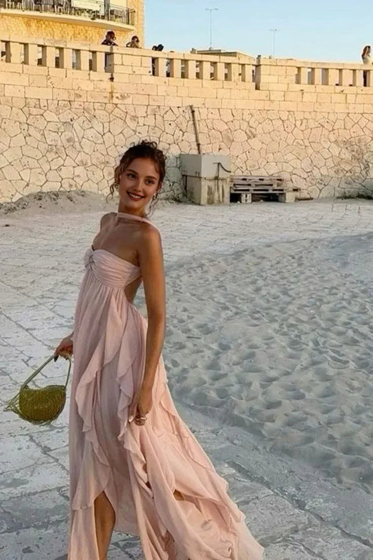 Vestido elegante de fiesta largo rosa con cuello halter, corte A y volantes de Weitese 