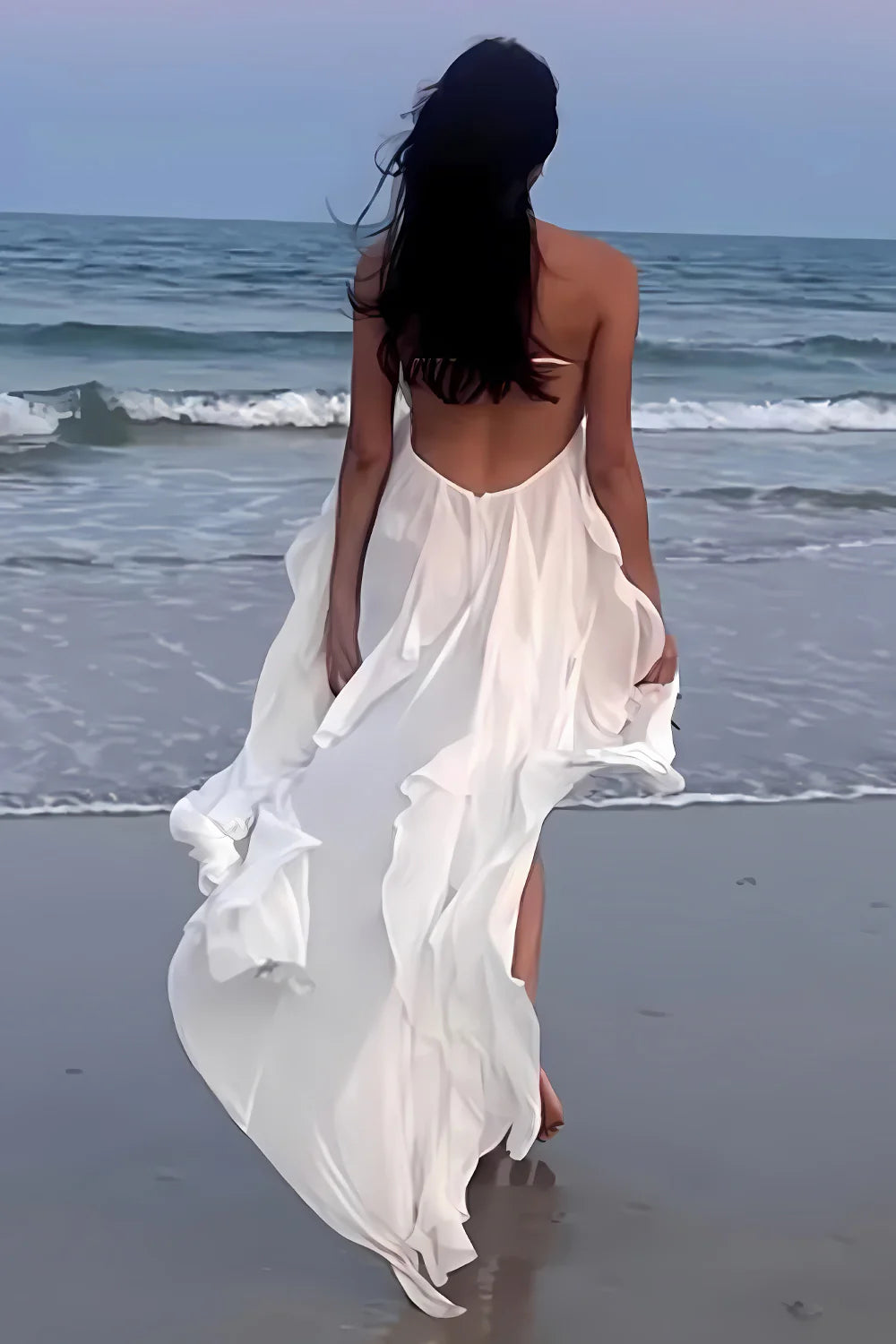 Vestido elegante de fiesta largo rosa con cuello halter, corte A y volantes de Weitese 