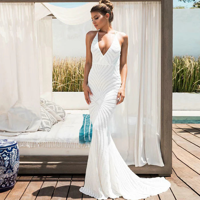 Vestido elegante Weitese con espalda descubierta, color liso, lentejuelas, escote en V profundo, sin mangas, cola larga, vestido de noche 