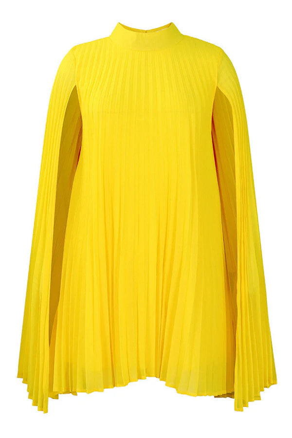 Weitese Dress Chic High-Neck Yellow Mini Cocktail Party Dress Long Sleeves Pleats Homecoming Dress