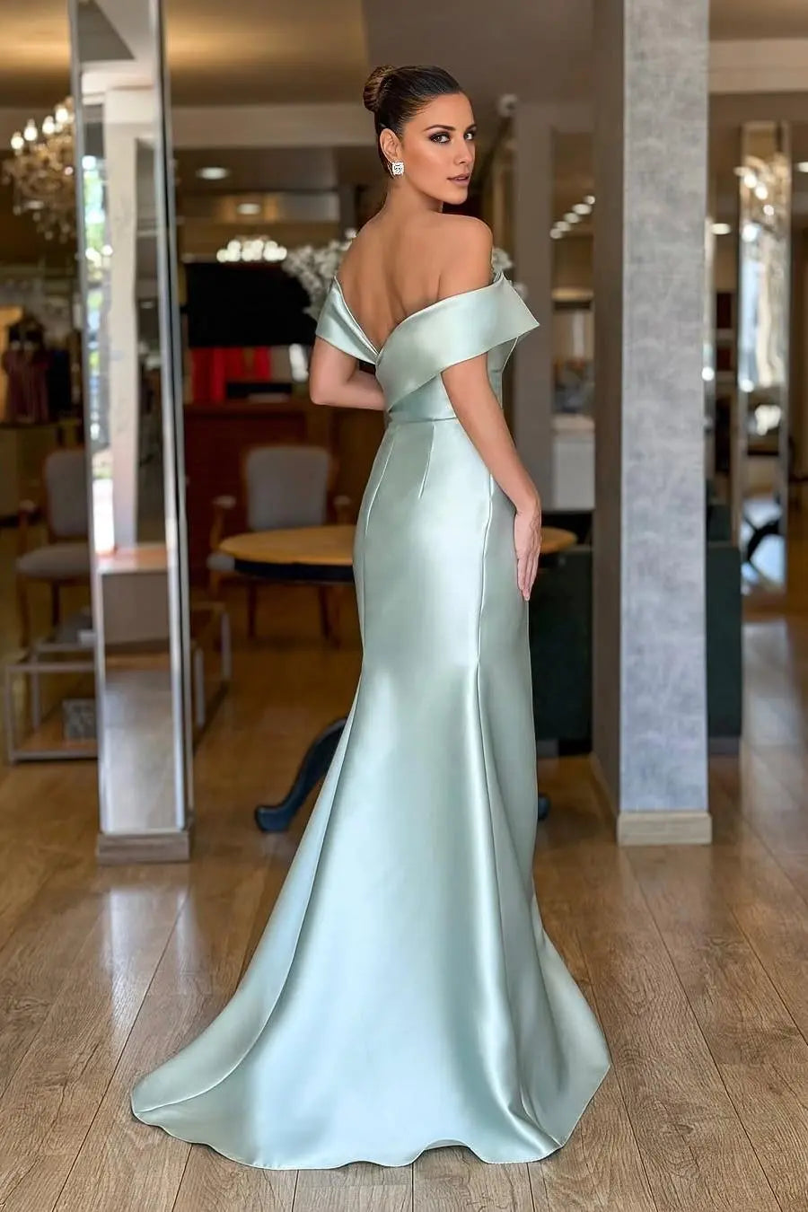 Weitese Dress Chic Mint Green Satin Off the Shoulder Strapless Maxi Dress Split Prom Dress With Ruffles