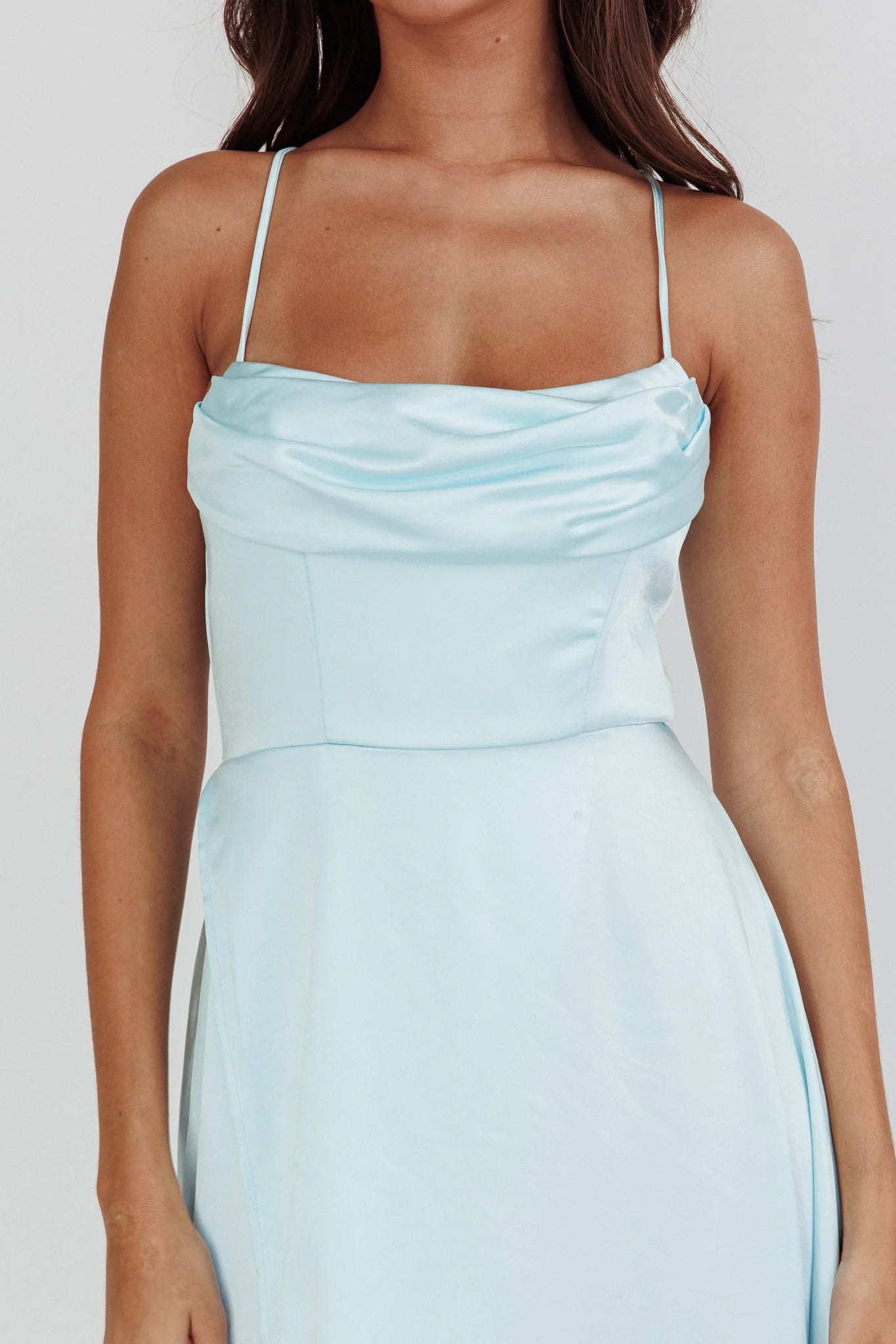 Weitese Dress Chic Wine Red Satin Maxi Dress with Cowl Neck Spaghetti Straps High Thigh Slit and Flowy Hem Prom Dress