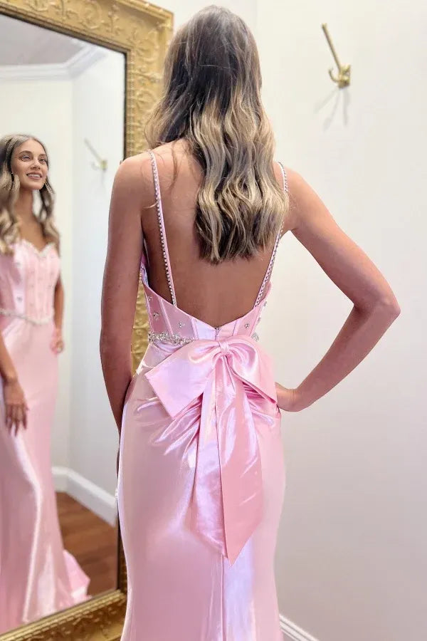 Weitese Dress Chic Modern Strapless Spaghetti Straps Sleeveless Pleated Crystal Beaded Prom Party Dress Open Back Bow Knot Evening Dress