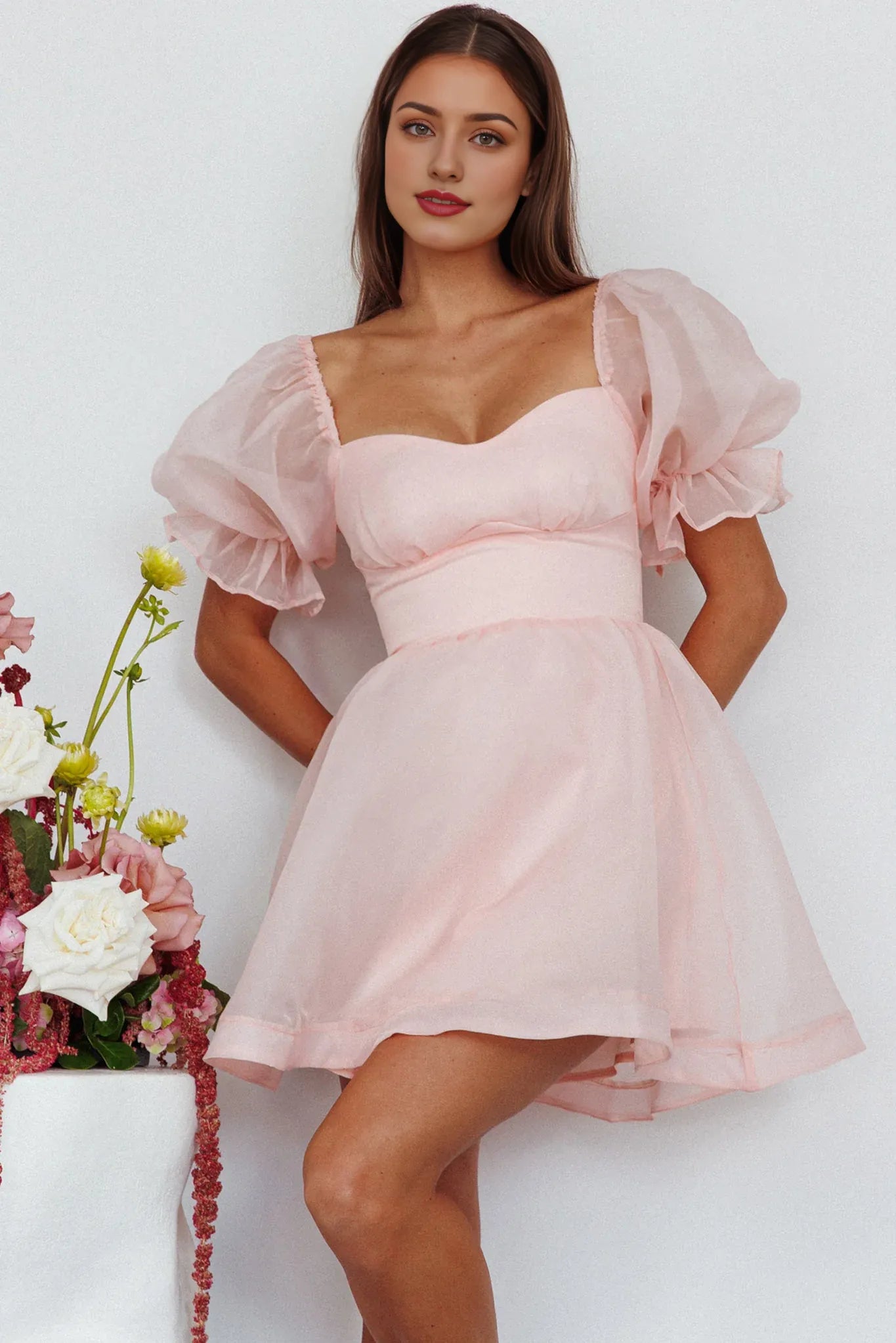 Weitese Dress Chic Pale Pink Organza Mini Dress Sweetheart Neck Puff Sleeves With Ruffle Cuffs And Cinched Waist Homecoming Dress