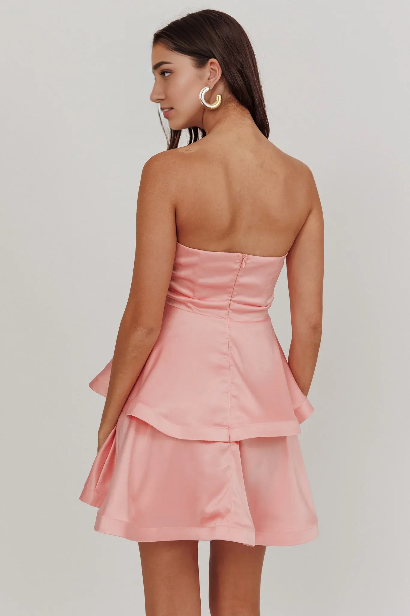 Weitese Dress Chic Pink Satin Mini Dress with Strapless Tiered Dress Bow Waist Detail and Flowy Hem Homecoming Dress