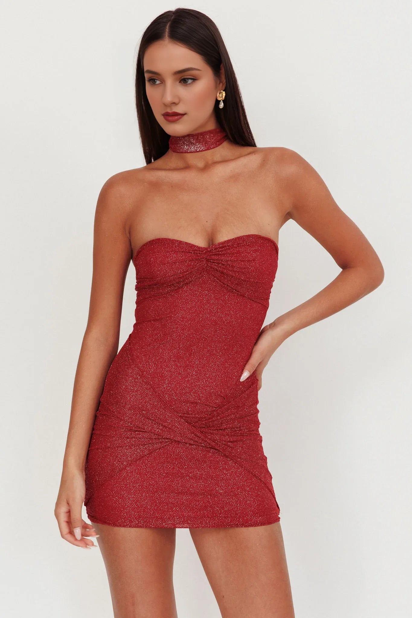 Weitese Dress Chic Red Glittery Mini Dress with One Shoulder Style Open Back Long Ribbon and Form Fitting Silhouette Homecoming Dress