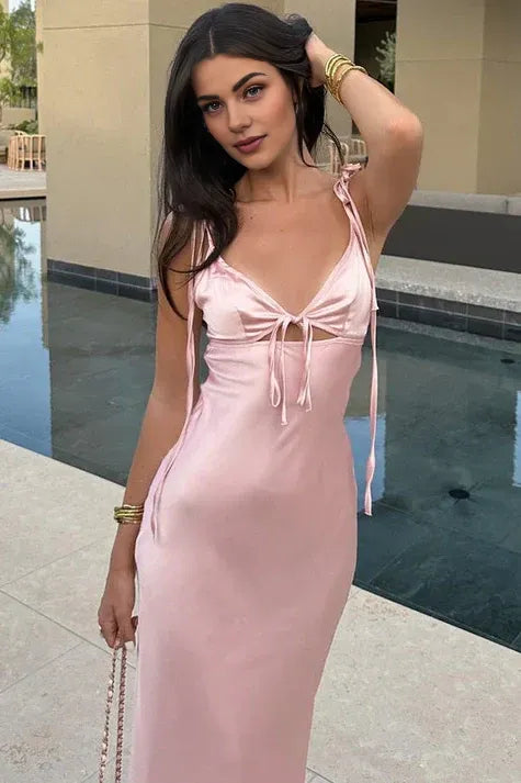 Robe fourreau chic à bretelles spaghetti, robe de soirée longue rose avec trou de serrure 