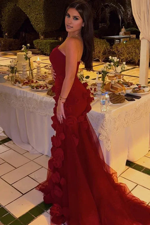 Weitese Dress Chic Sheath Strapless Sleeveless Pleated 3D Rose Flower Prom Party Dress High Side Slit and Train Evening Formal Gown