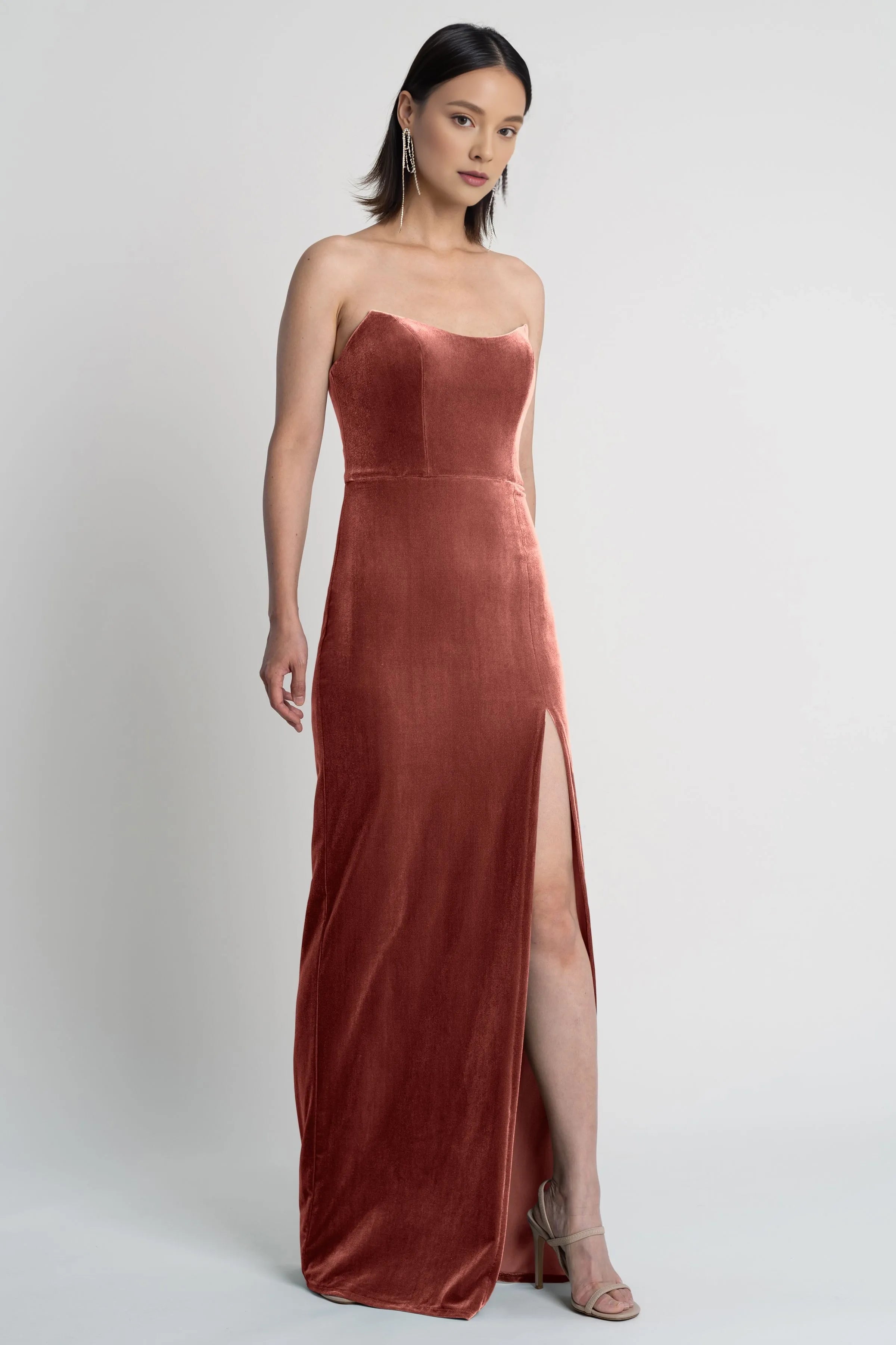 Weitese Dress Chic Strapless Sleeveless Side Slit Evening Dress Bridesmaid Dress Floor-Length Sheath Solid Color Prom Dress