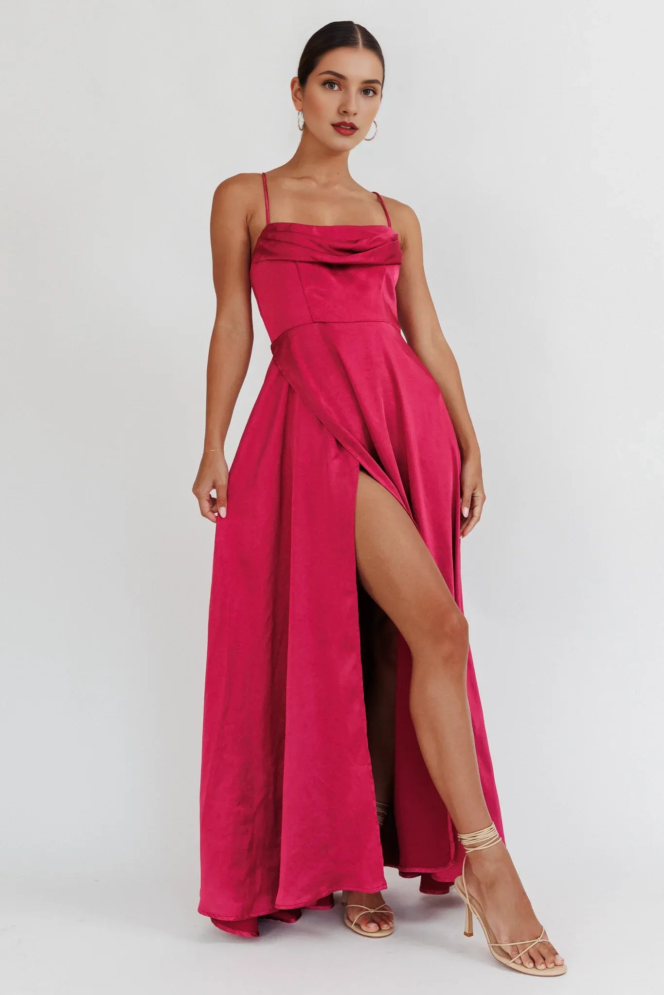 Weitese Dress Chic Wine Red Satin Maxi Dress with Cowl Neck Spaghetti Straps High Thigh Slit and Flowy Hem Prom Dress