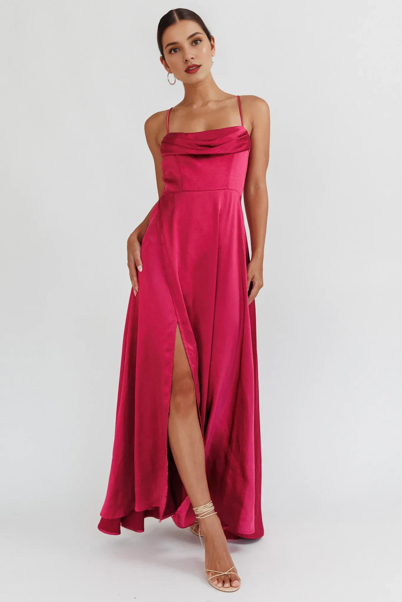 Weitese Dress Chic Wine Red Satin Maxi Dress with Cowl Neck Spaghetti Straps High Thigh Slit and Flowy Hem Prom Dress