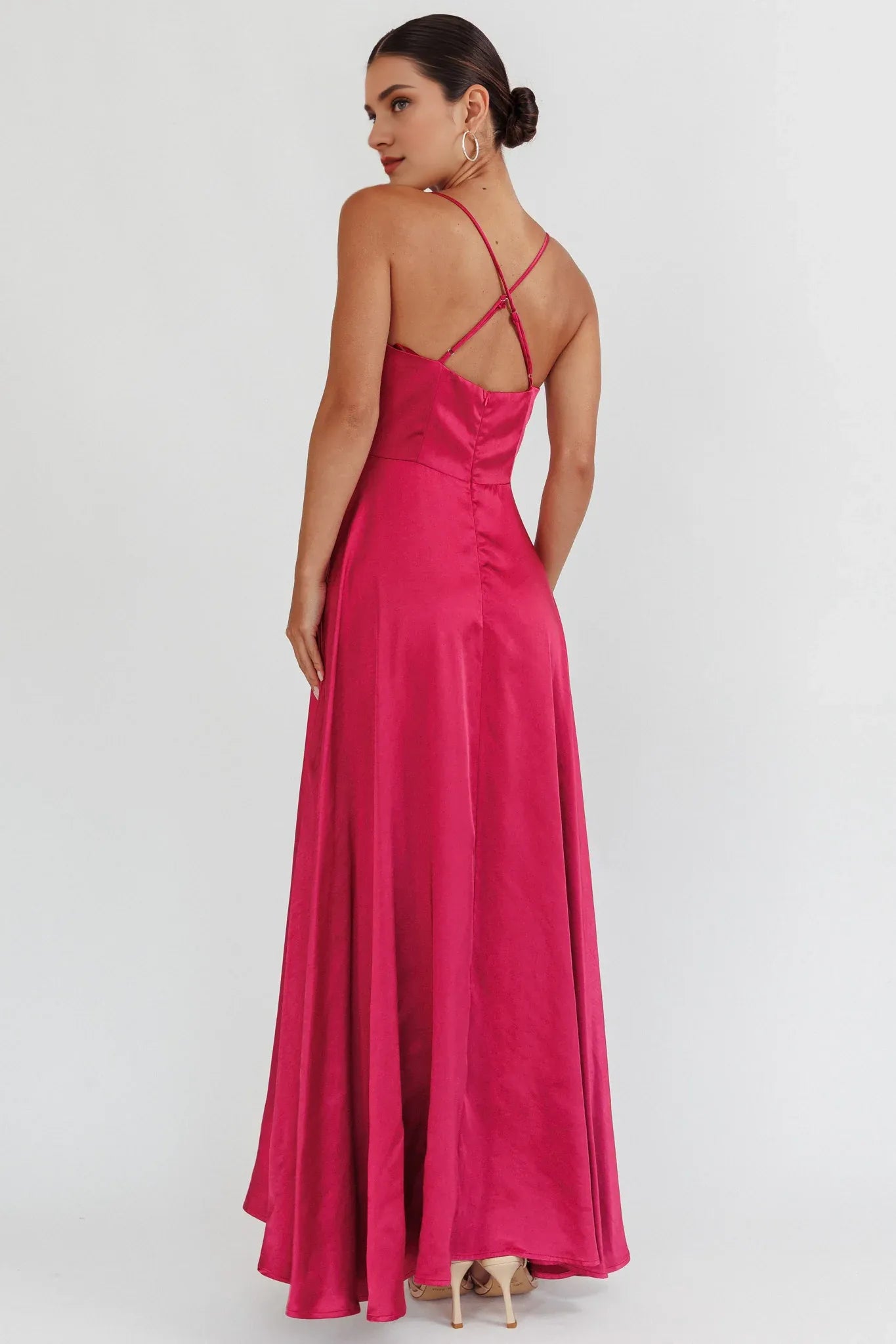 Weitese Dress Chic Wine Red Satin Maxi Dress with Cowl Neck Spaghetti Straps High Thigh Slit and Flowy Hem Prom Dress