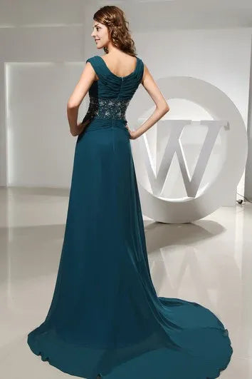 Weitese Dress Chiffon Sleeveless Floor-Length Beaded Dress With Pleats And Ruching Sweep&Brush Train Mother of the Bride Dress
