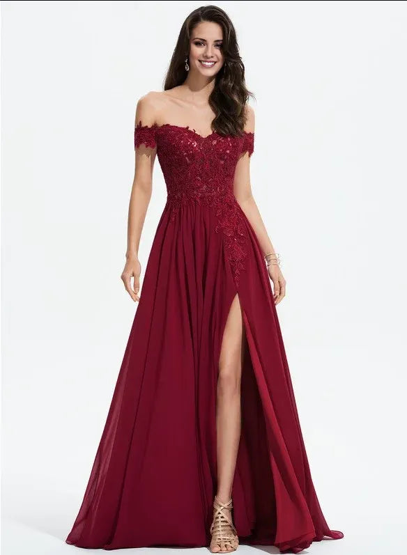 Weitese Dress Classic A-line Off the Shoulder Sweep Train Lace Chiffon Prom Dresses With Sequins Backless Sleeveless Maxi Dress