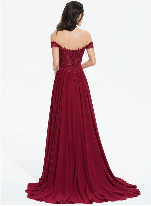 Weitese Dress Classic A-line Off the Shoulder Sweep Train Lace Chiffon Prom Dresses With Sequins Backless Sleeveless Maxi Dress