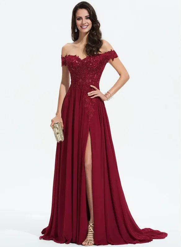 Weitese Dress Classic A-line Off the Shoulder Sweep Train Lace Chiffon Prom Dresses With Sequins Backless Sleeveless Maxi Dress