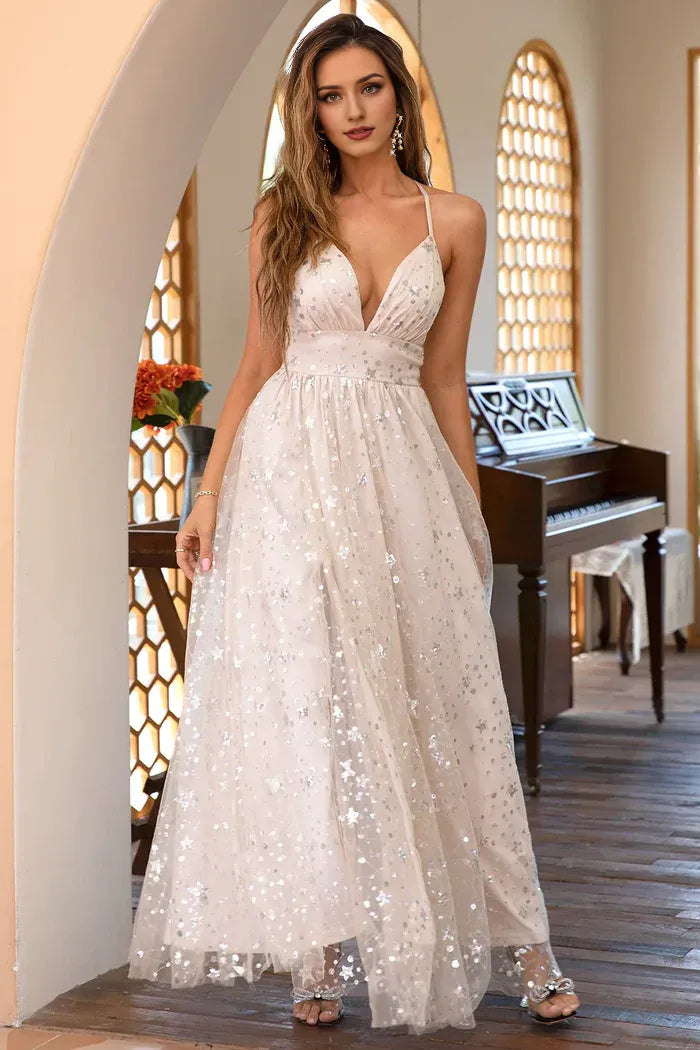 Robe Weitese classique coupe trapèze, bretelles spaghetti, robe longue champagne clair, robe de bal avec strass 