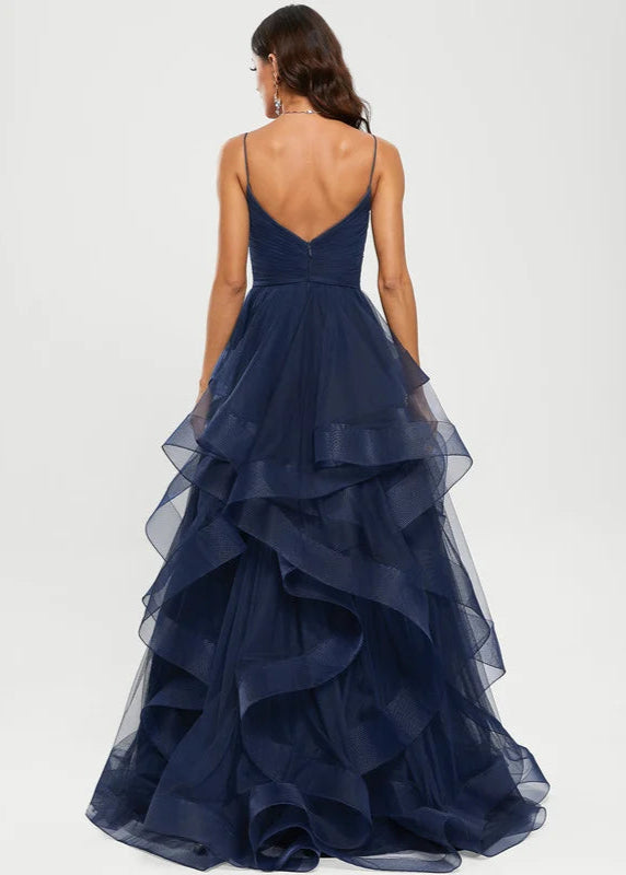 Weitese Dress Classic Ball-Gown/Princess V-Neck Sweep Train Tulle Prom Dresses Backless Sleeveless V Back Maxi Dress