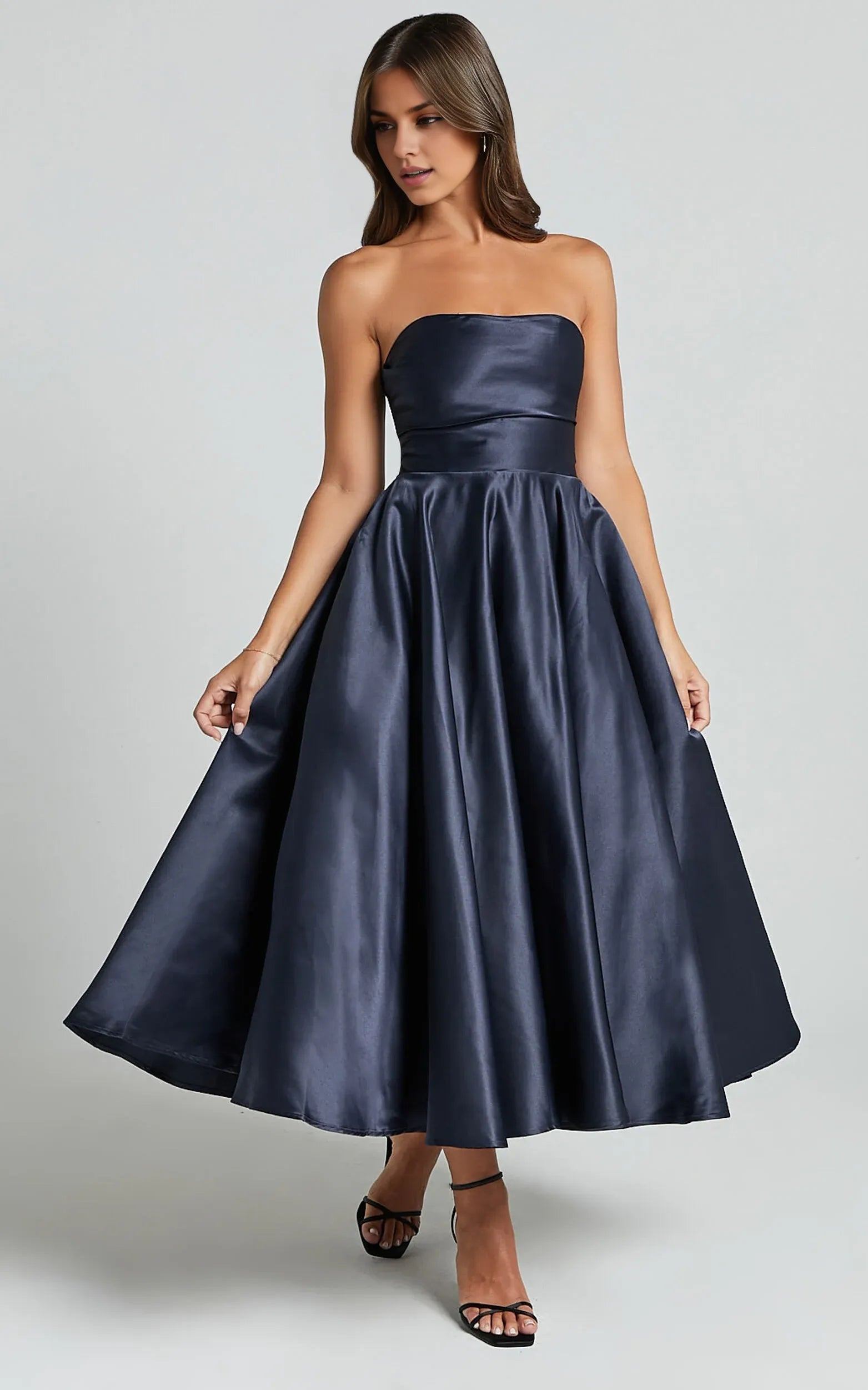 Weitese Dress Classic Strapless A-Line Navy Midi Dress Solid Color Sleeveless Backless Satin Party Evening Dress
