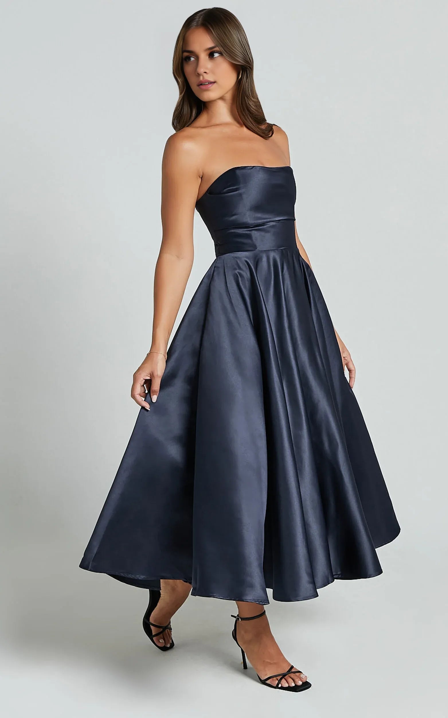 Weitese Dress Classic Strapless A-Line Navy Midi Dress Solid Color Sleeveless Backless Satin Party Evening Dress
