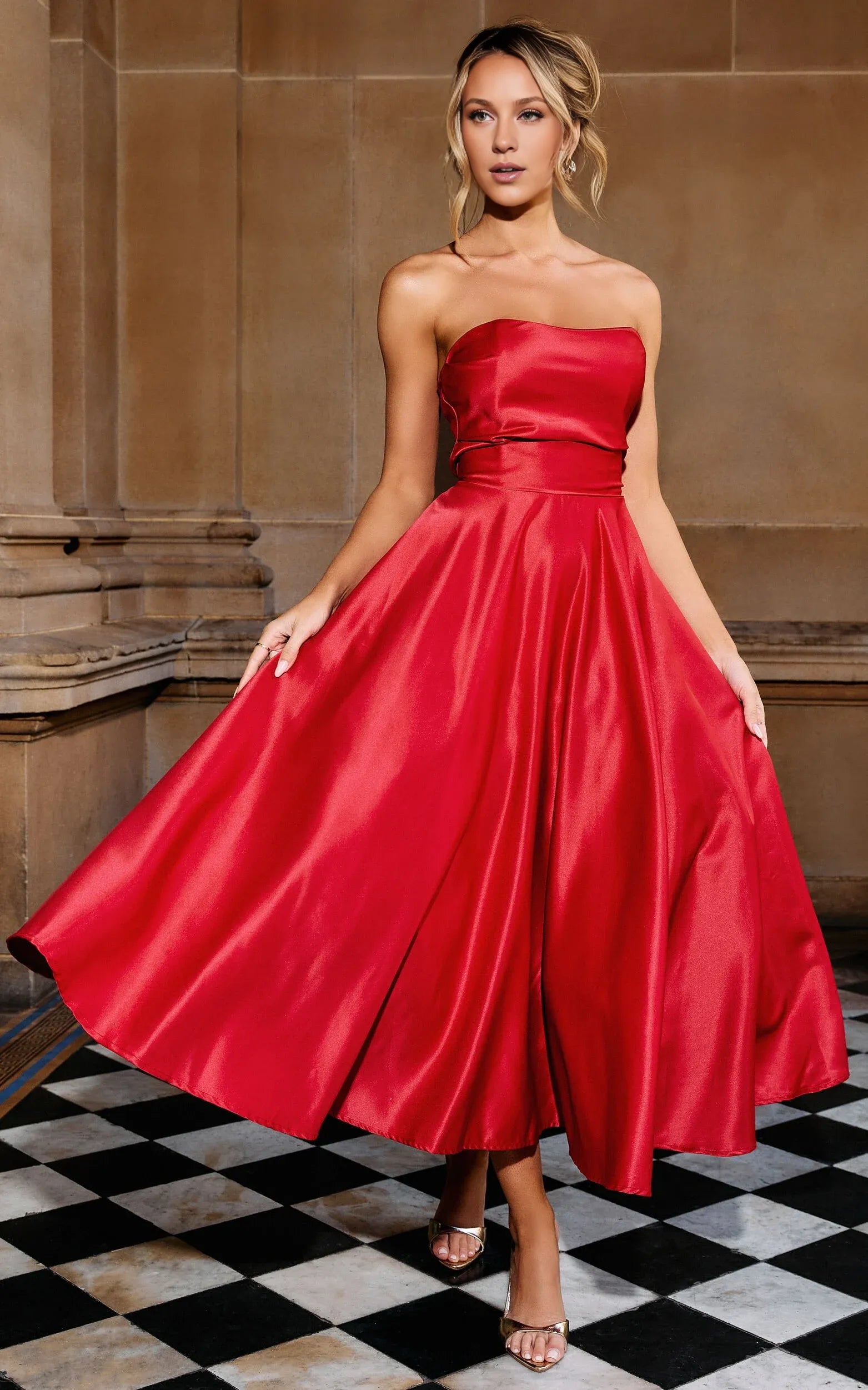 Weitese Dress Classic Strapless A-Line Navy Midi Dress Solid Color Sleeveless Backless Satin Party Evening Dress