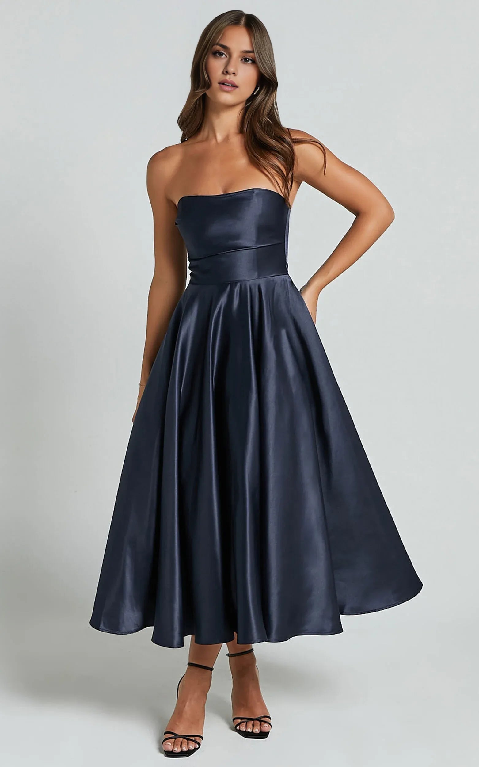 Weitese Dress Classic Strapless A-Line Navy Midi Dress Solid Color Sleeveless Backless Satin Party Evening Dress