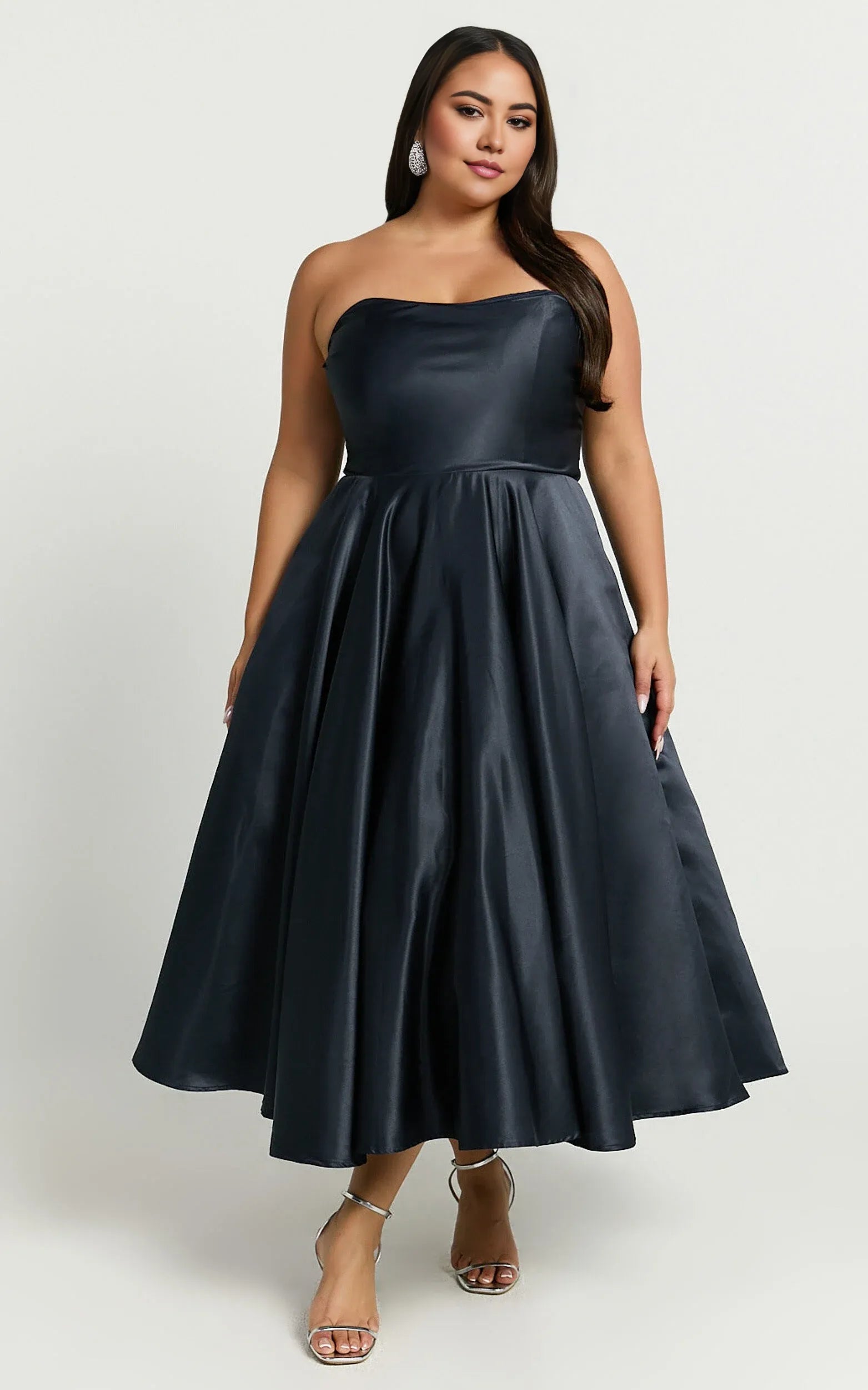 Weitese Dress Classic Strapless A-Line Navy Midi Dress Solid Color Sleeveless Backless Satin Party Evening Dress