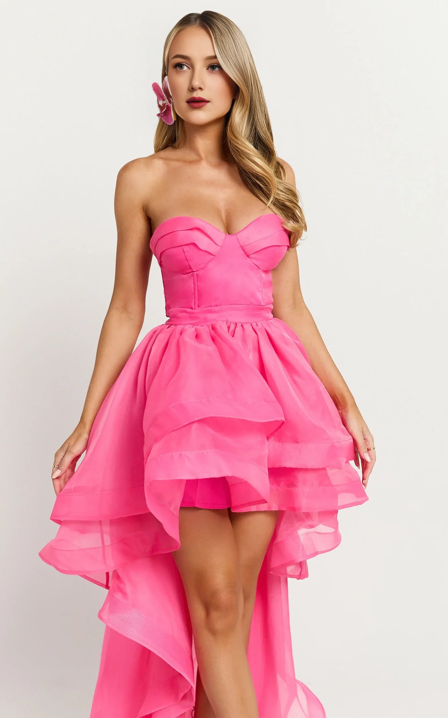 Robe de cocktail classique Weitese, décolleté en cœur, coupe haute et basse, rose vif, coupe trapèze, couleur unie, à volants 