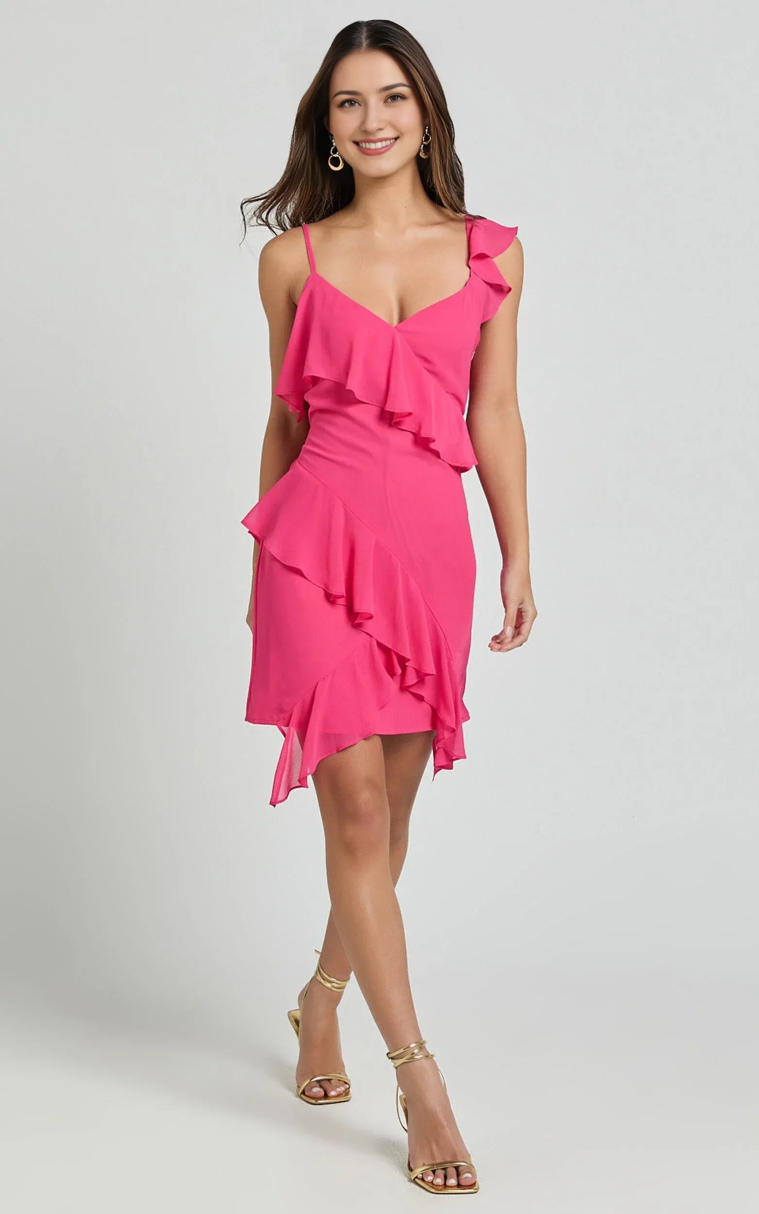 Weitese Dress Classic symmetric Frill Detail Mini Cocktail Dresses Hot Pink Sheath Solid Color Spaghetti Straps Homecoming Dress
