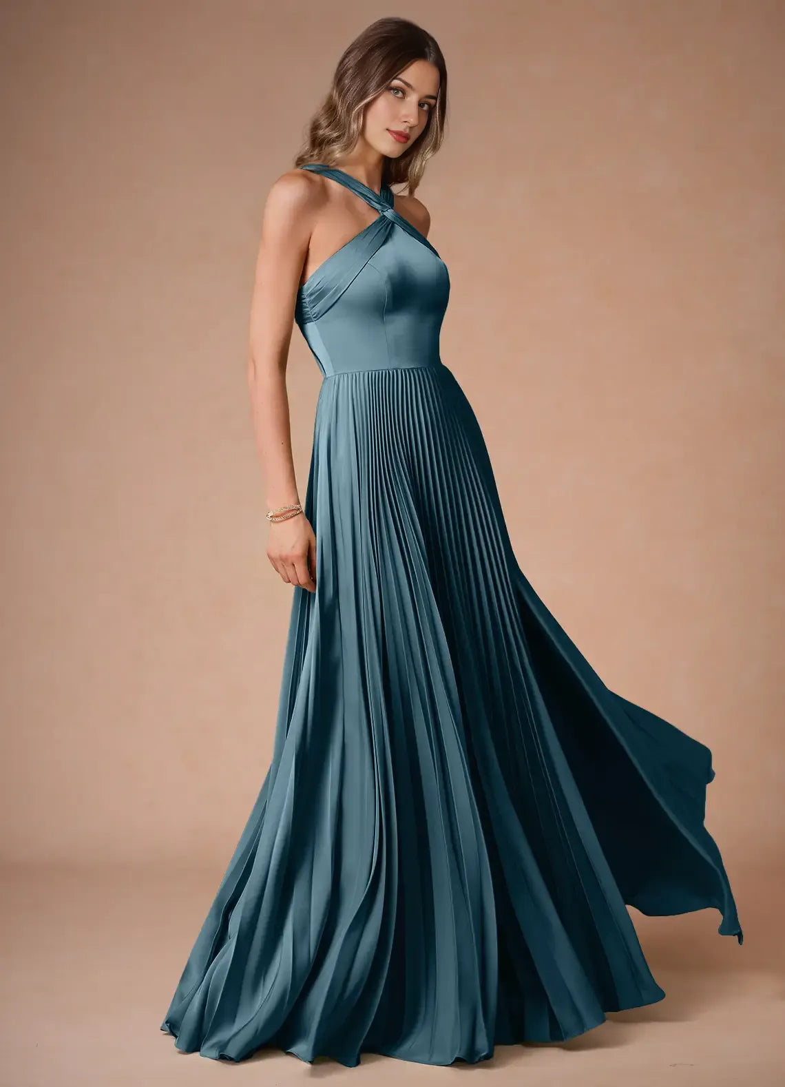 Vestido Weitese con hombros descubiertos, cuello halter, elegante, largo, para fiesta, moderno, de satén, corte A, plisado, para noche. 