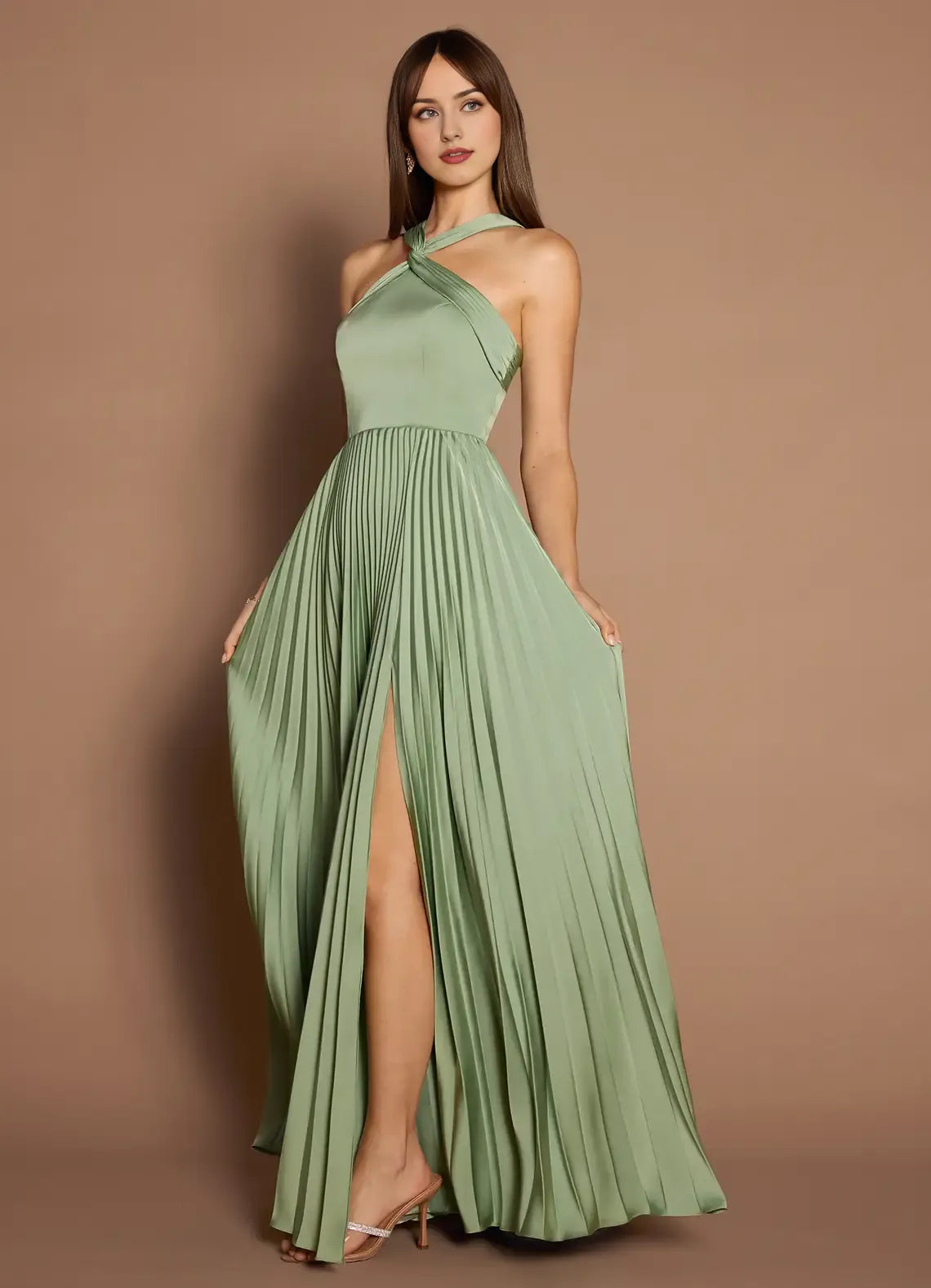 Vestido Weitese con hombros descubiertos, cuello halter, elegante, largo, para fiesta, moderno, de satén, corte A, plisado, para noche. 