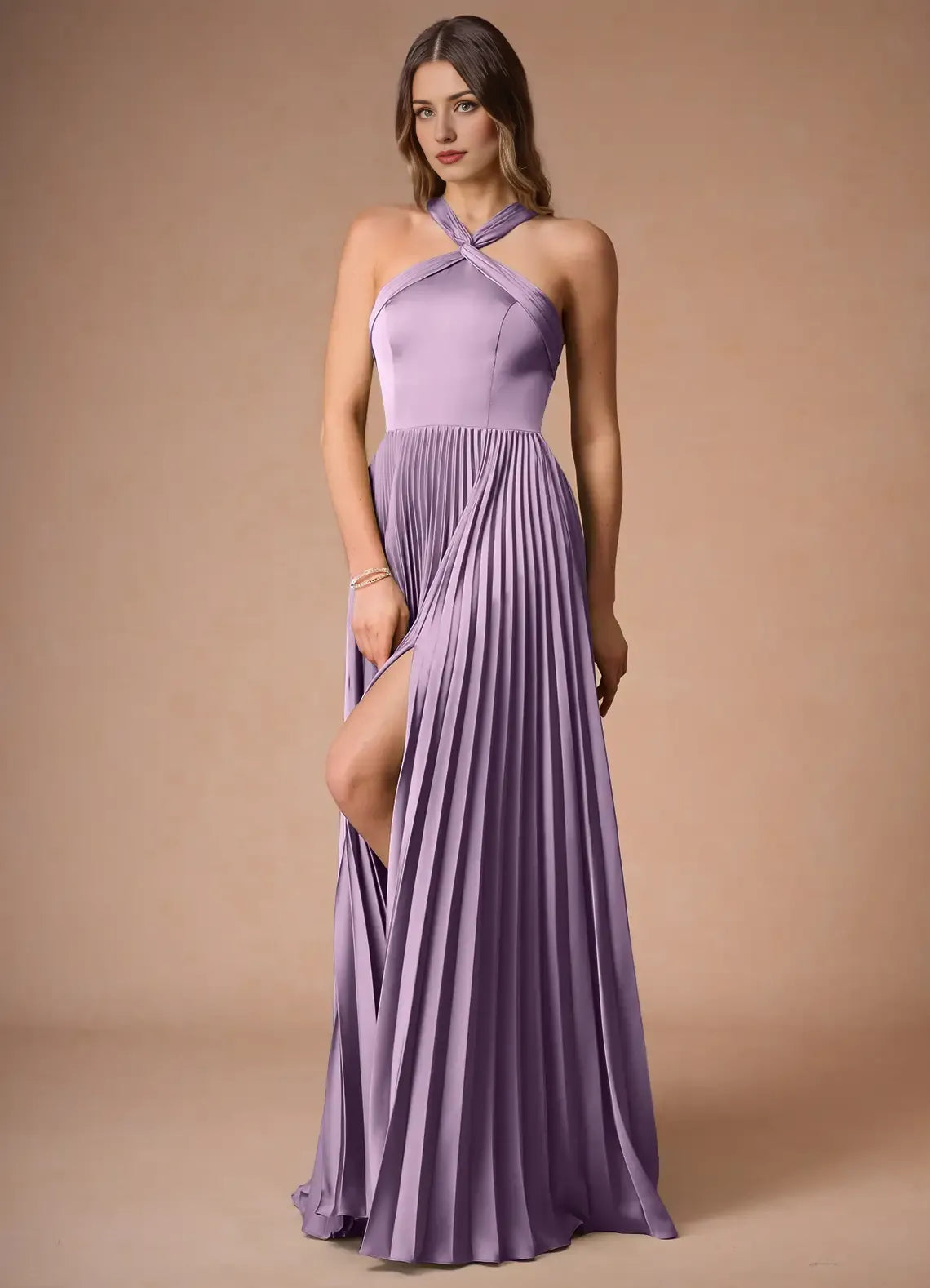 Vestido Weitese con hombros descubiertos, cuello halter, elegante, largo, para fiesta, moderno, de satén, corte A, plisado, para noche. 