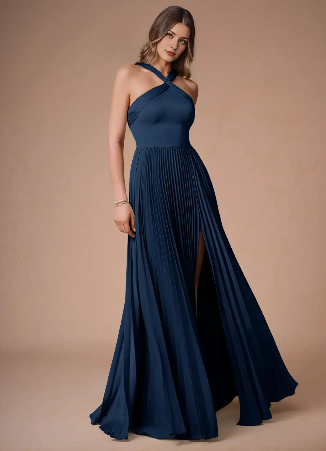 Vestido Weitese con hombros descubiertos, cuello halter, elegante, largo, para fiesta, moderno, de satén, corte A, plisado, para noche. 