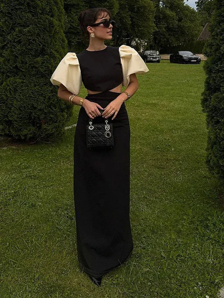 Weitese Dress Contrast Hollow Out Waist Elegant Puff Sleeve Party Dress Elegant Floor Length Prom Dress