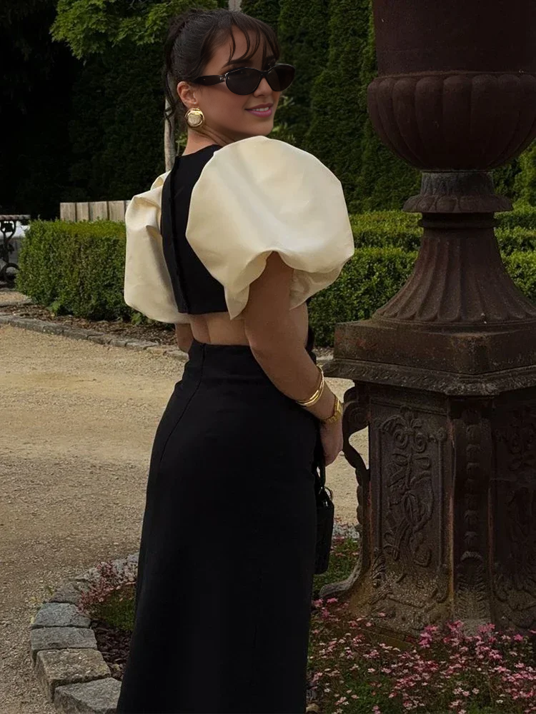 Vestido Weitese con cintura hueca en contraste, elegante vestido de fiesta con mangas abullonadas, elegante vestido de fiesta largo hasta el suelo 