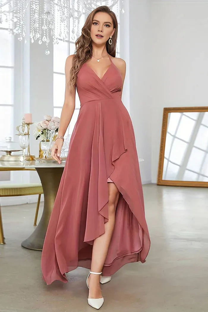 Weitese Dress Coral Asymmetrical A-Line Halter Party Dress With Sleeveless Prom Dress