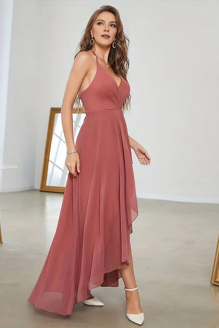 Weitese Dress Coral Asymmetrical A-Line Halter Party Dress With Sleeveless Prom Dress