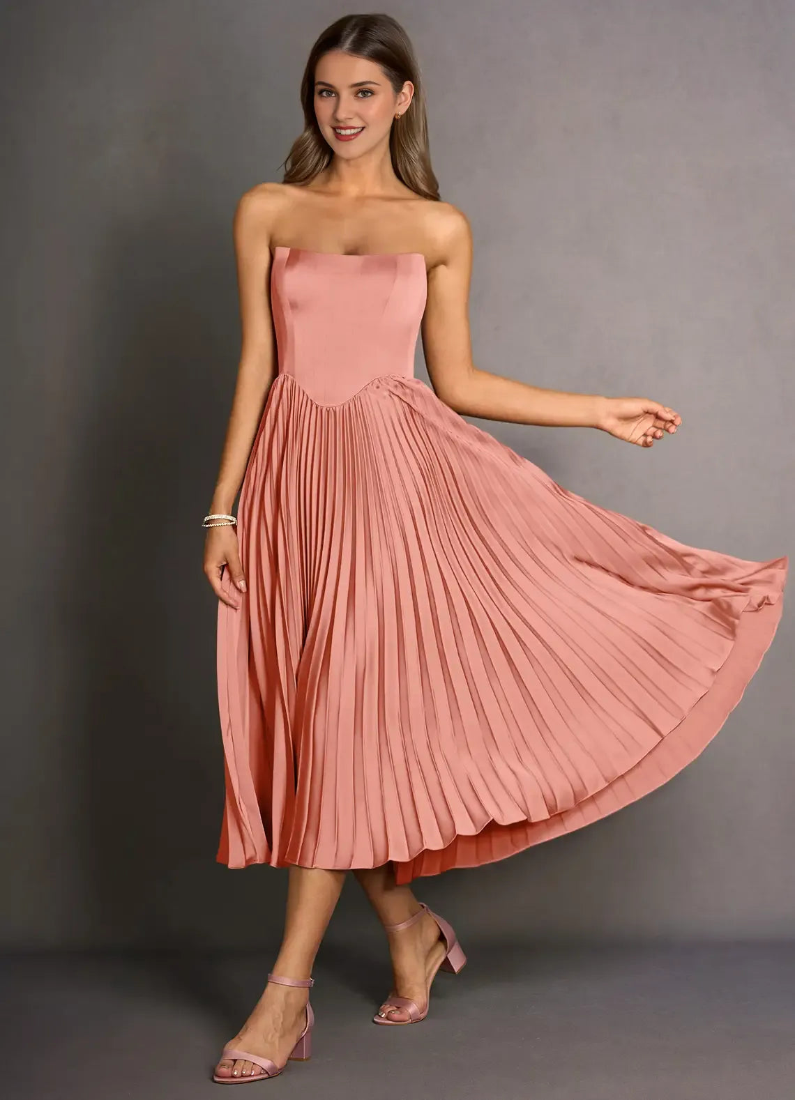 Vestido largo azul marino sin tirantes, con pliegues sencillos, sin mangas, color liso, con cordones, largo hasta la rodilla, sin espalda, para fiesta 